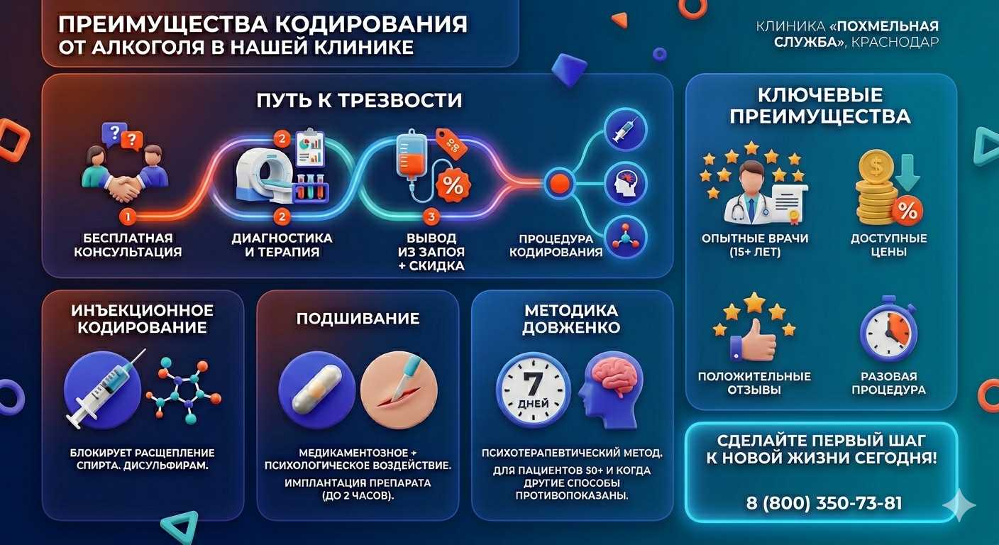 Инфографика о методах кодирования от алкоголя в Дыгулыбей: инъекции, подшивание, метод Довженко. Преимущества клиники и этапы лечения.